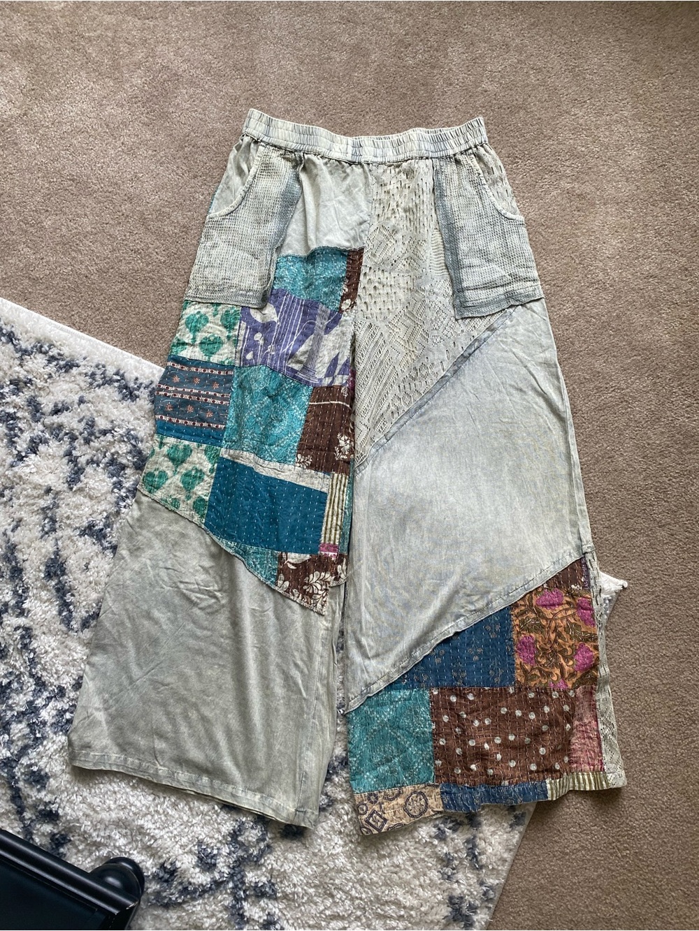 POL Patchwork Wide Leg Pants Boho Western Crochet Lightweight Cotton - Picture 3 of 8